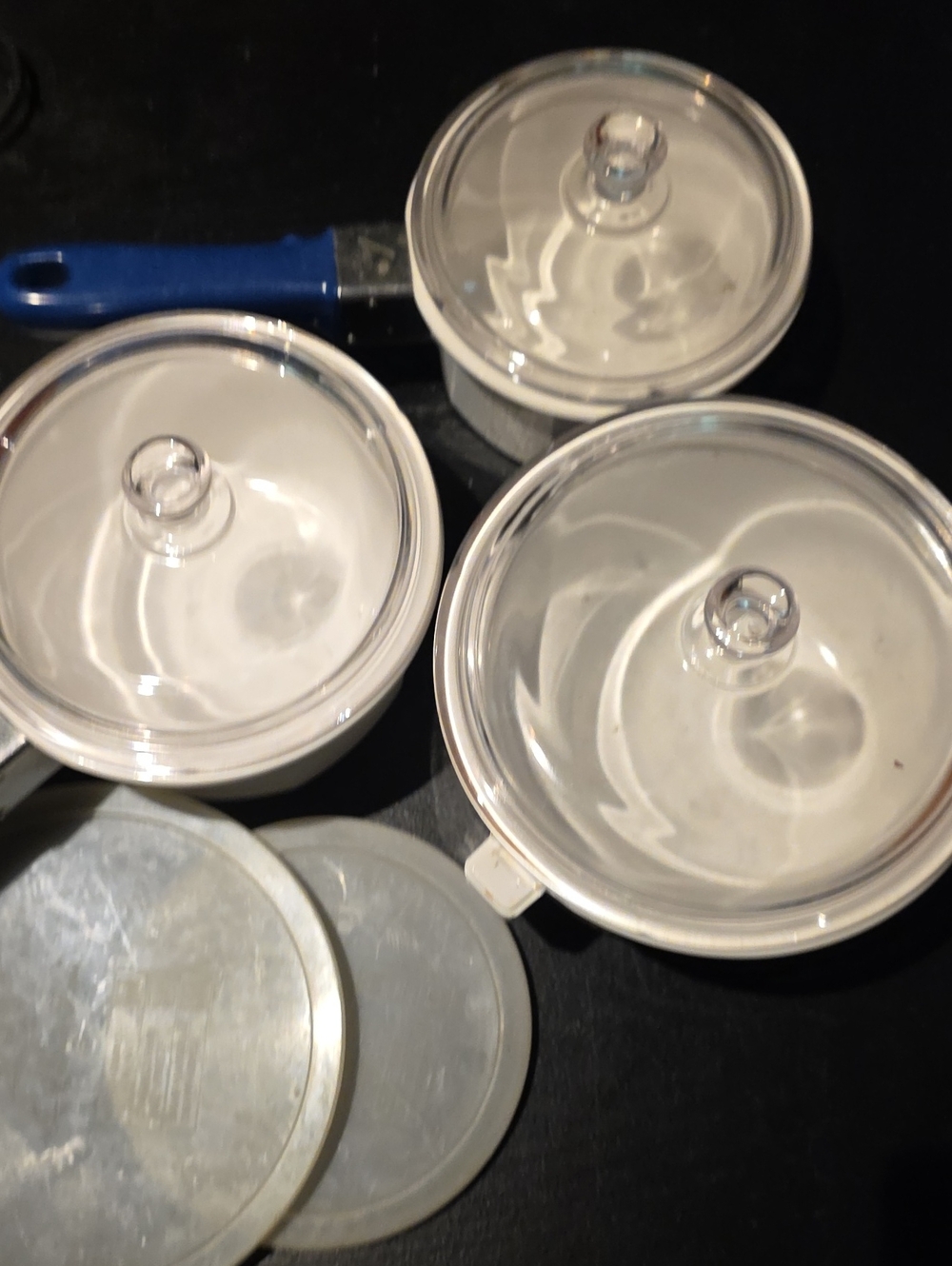 Princess House Clear Glass Saucepan Lids with Blue Handle Accent